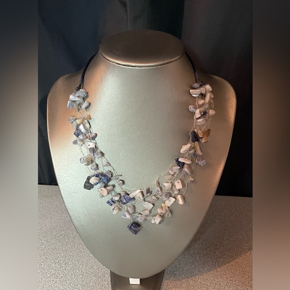 Natural Chip Stone Blue/Grey Beaded Multi Strand Necklace - Picture 1 of 7